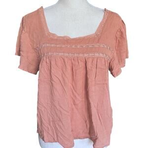 Rewind Boho Peasant Top Women’s L Coral Square Neck Short Sleeve Cottagecore NWT